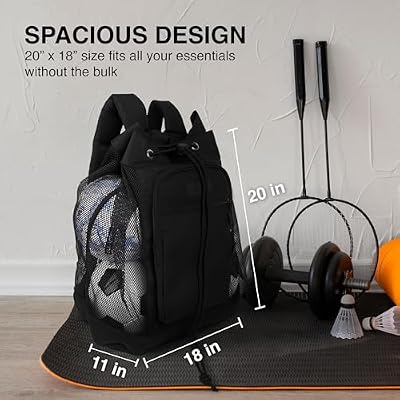 Fitdom Heavy Duty Small Mesh Equipment Ball Bag w/Adjustable Backpack Shoulder Strap Design for Coach. 3 Different Size Compartments. Perfect for Soccer Football Volleyball Basketball & Water Sports