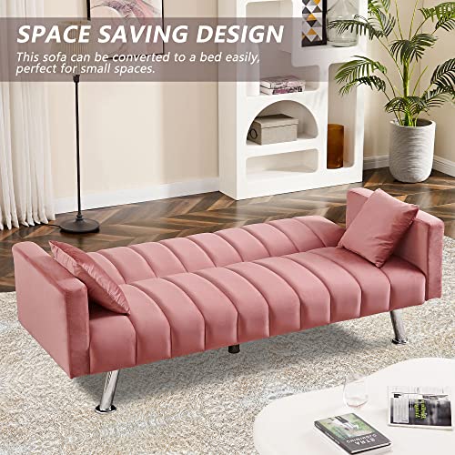 Awqm Sofa Bed, Upholstered Convertible Sofa Bed With 2 Pillows, Modern Sleeper Sofa Couch With Wooden Frame And Metal Legs, Comfortable Velvet Sofa Suitable For Living Room Bedroom Office (Pink) #TOP5