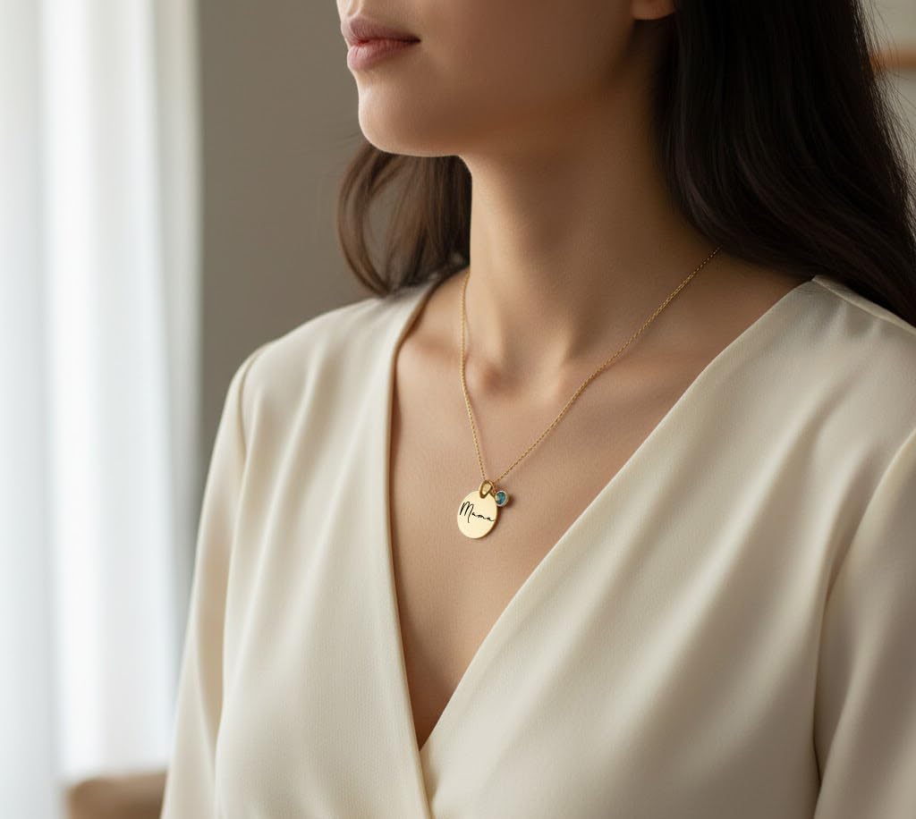 Personalized Gift Custom Gold Disc Mom Necklace Grandma Gifts Birthstone Necklace for Mom Mama Nana Gigi Mimi Birthday Gift Anniversary