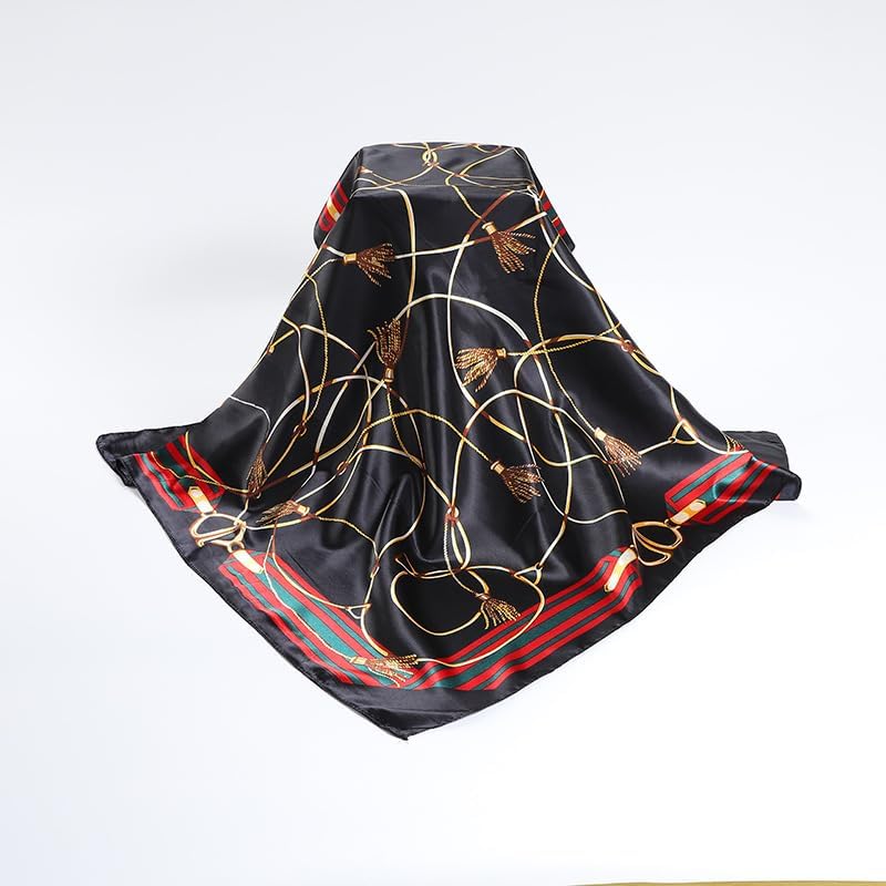 Women's imitation silk scarves spring and summer long square scarves women's chain everything extra long shawl bib scarf (black)