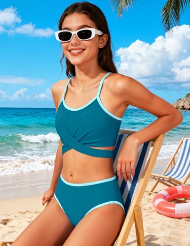 Image of Queenstyle Girls Swimsuits Bikini Set Kids Cutout Bathing Suit Bikini Top Two Piece Girls' Swimwear