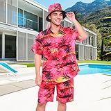 Angenster Men's Hawaiian Shirt and Shorts Set,2Pcs Summer Beach Outfits with Bucket Hats (UK, Alpha, 3XL, Regular, Regular, Red Sunset) - Image 2