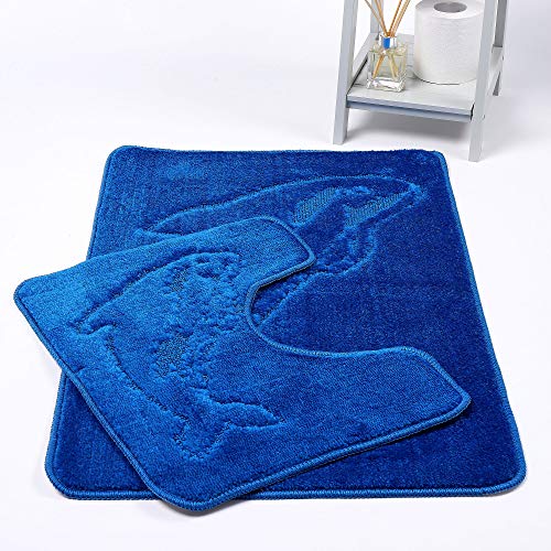 NIGHTZONE Dolphin Bath Mat Set 2 Piece Non Slip Pedestal and Bath Mat Set Toilet Bathroom Rug (Royal Blue)