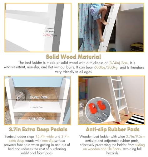 Image of 50 inch 55 inch 60 inch Black Wood Bunk Bed Ladder, Lofted /Dorm /RV Bed Bunkbed Ladders with 4in Extra Wide Steps and Non-Slip Pads, Replacement Wooden Ladder for Motorhome /Camping (White, 67in /170cm)