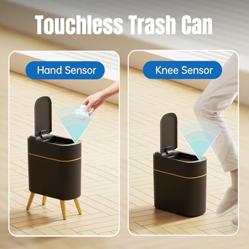 Image of 2 Pack - Automatic Bathroom Trash Can with Lid - Smart Trash Can Touchless | Bedroom, Office, Kitchen, Living Room - 2.5 Gal Motion Sensor Garbage Can - Black with Gold Legs