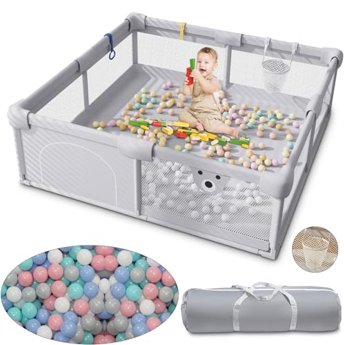 Parque infantil para bebé, 120 x 120 cm, parque de bebé com 2 anéis, 50 bolas oceânicas, 1 aro de basquetebol, trela bebé com malha respirável, corrente dobrável com ventosa antiderrapante (cinzento)