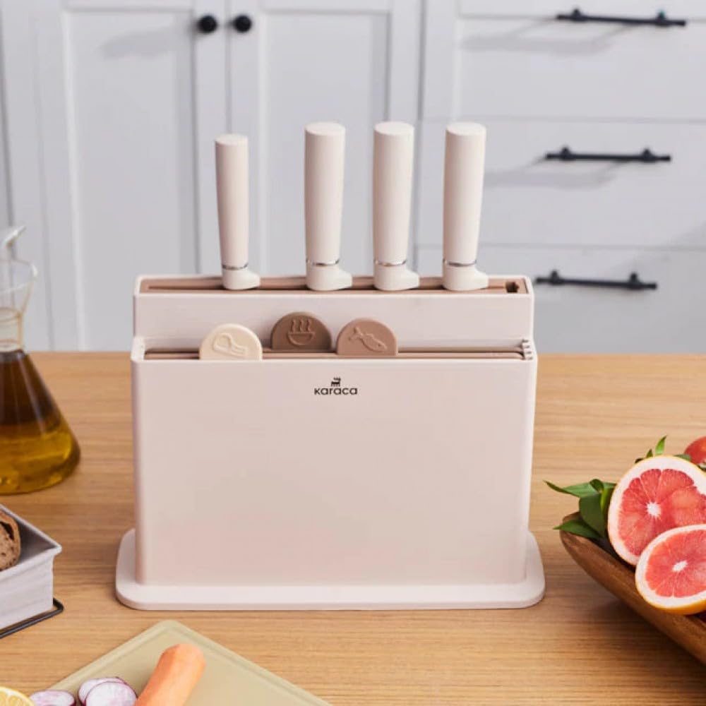 Set De Couteaux De Cuisine Karaca Burby 14 Pièces - Bloc De Rangement, Acier Inoxydable, Couleur Crème - Complet Avec Ustensiles