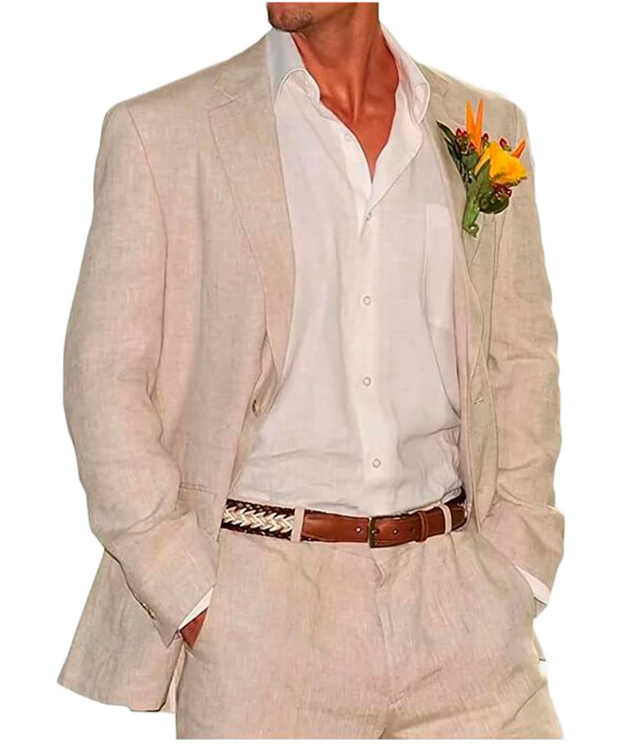 Botong Men's Beige 2 Pc Linen Wedding Suits For Peak Lapel Prom Suit Regular Fit Groom Tuxedos Summer Beach Suit Casual Wear 40 Chest / 34 Waist