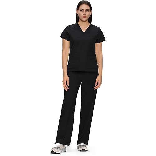Scrubs for Women, V-Neck Scrubs Top & Cargo Pants with 12 Pockets, Yoga Waistband, 4 Way Stretch