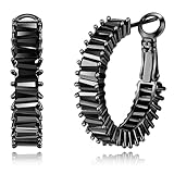 GLOQUAT CZ Black Hoop Earrings for Women Man Vintage Black Baguette Cubic Zirconia Hoop Earrings Fashion Round Circle Hoops Earrings for Couple Trandy Lightweight and Hypoallergenic Jewelry 25mm