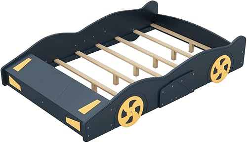 Miniatura 7 de Cama de plataforma en forma de auto de carreras de tamaño completo con armario de almacenamiento y ruedas para niños y niñas, azul oscuro