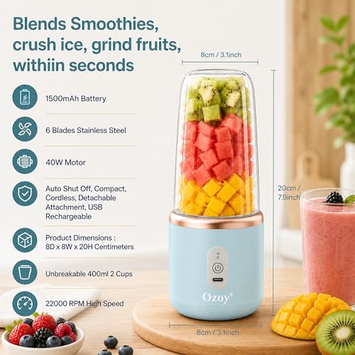 Image of Juicer for Home ^ CITRODA Juicer Mixer Grinder with 1500mAh Battery, 6 Blades 3Gears Fast Blending, 2-Jar Capacity (400ml*2) | 40 Watts Bullet Rechargeable Portable Personal Juicer (Skyblue)