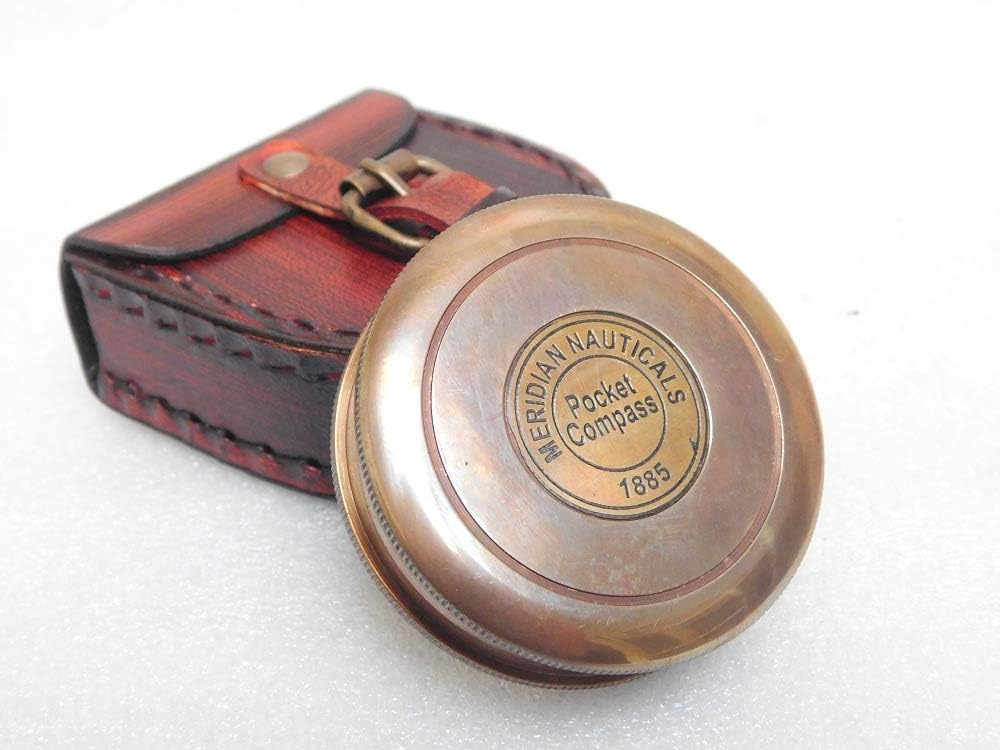 Bussola in ottone anticato con custodia in pelle, stile nautico, vintage, con custodia in pelle