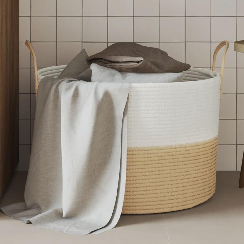 Aufbewahrungskorb Beige Weiss 51x33 cm Baumwolle | Faltbar, mit Griffen, fuer Handtuecher, Kleidung, Spielzeug, Dekorativ