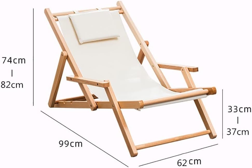 Patio Outdoor Beach Sling Chair Wooden Deck Chair Garden Lounger with Armrests,Outdoor Folding Adjustable Beach Patio Chair with Canvas,Ergonomic Sling Chair for Balcony (Color : White)