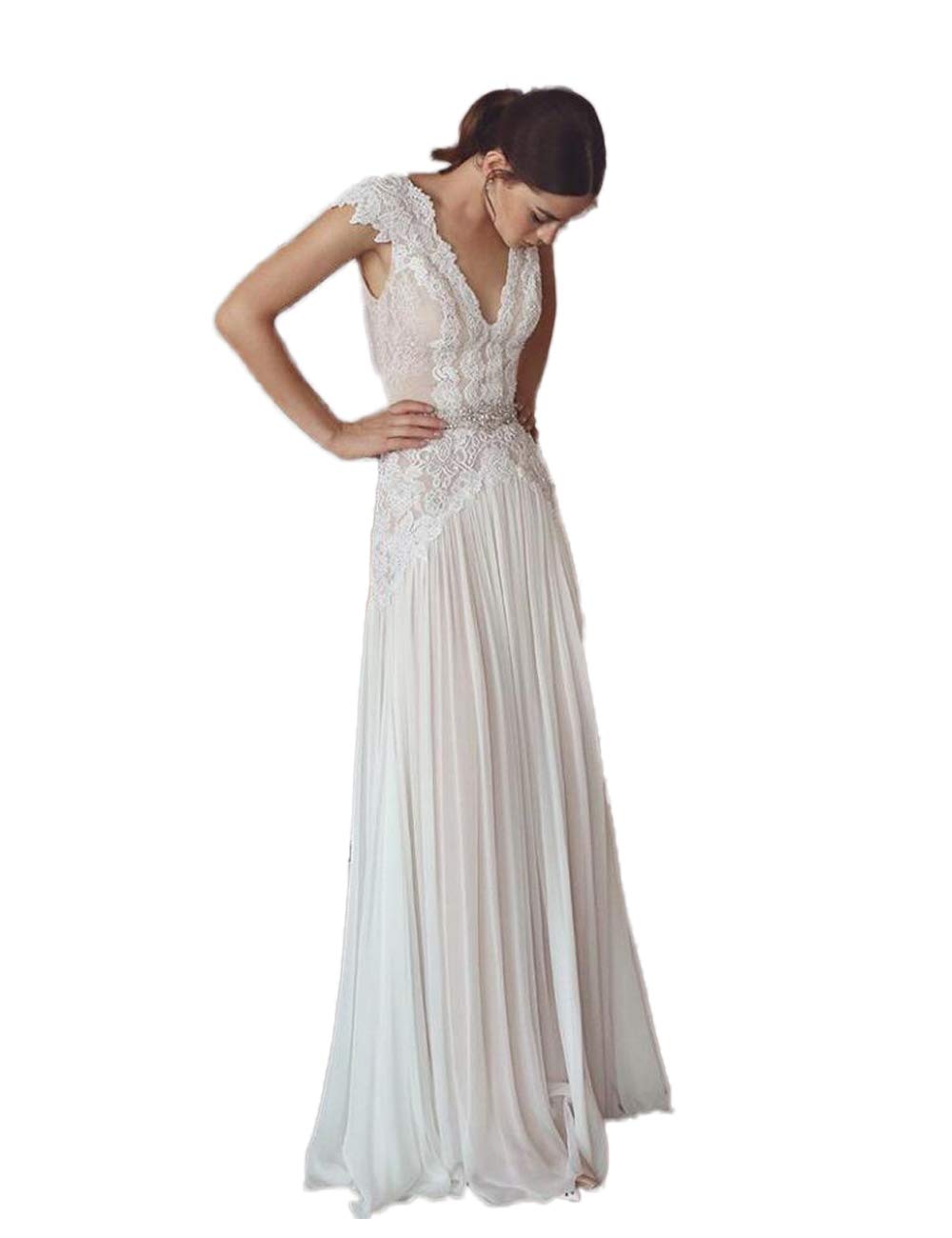 CoCogirls Boho Beach Wedding Dresses Bohemian Bridal Dresses with Cap Sleeves V-Neck Pleated Skirt Elegant One Line Wedding Dresses Low Back