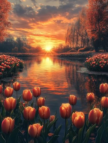 Pintar por Numeros Adultos, Pintar con Numeros Adultos tulipán Atardecer, DIY Painting by Numbers Kits, con 3 Pinceles, Pigmento Acrílico, Paint by Numbers, Regalos Originales Hombre 50x70cm J0-659