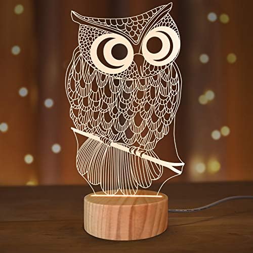 Owl 3D Illusion Lamp LED Night Light for Home Decoration Gifts,Warm White Color Wood Base Table Lamp