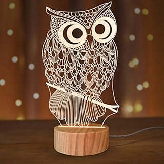 Owl 3D Illusion Lamp LED Night Light for Home Decoration Gifts,Warm White Color Wood Base Table Lamp