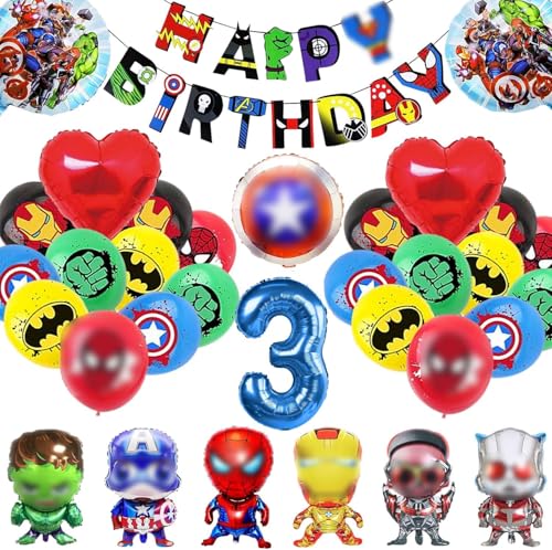 33 peças heróis balões decoração 3 anos, decoração de aniversário h-eroes balões, G-lobos para heróis decoração 3 anos, decoração de balões de papel de herói, para meninos e meninas (3 anos)