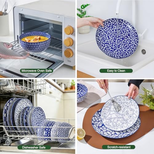 Image of Selamica Ceramic Plates and Bowls Sets,32 Pieces Dinnerware Sets for 8,Scratch Resistant Dish Set for family gathering,Dishwasher & Microwave Safe, Vintage Blue