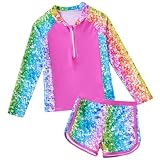 Vogseek Bathing Suits for Girls 6 Year Old 2-Pieces Rashguard Sets Half Zip Long Zleeve Swimmsuits Dark Pink Glitter Swimwear with Shorts Size 6-7