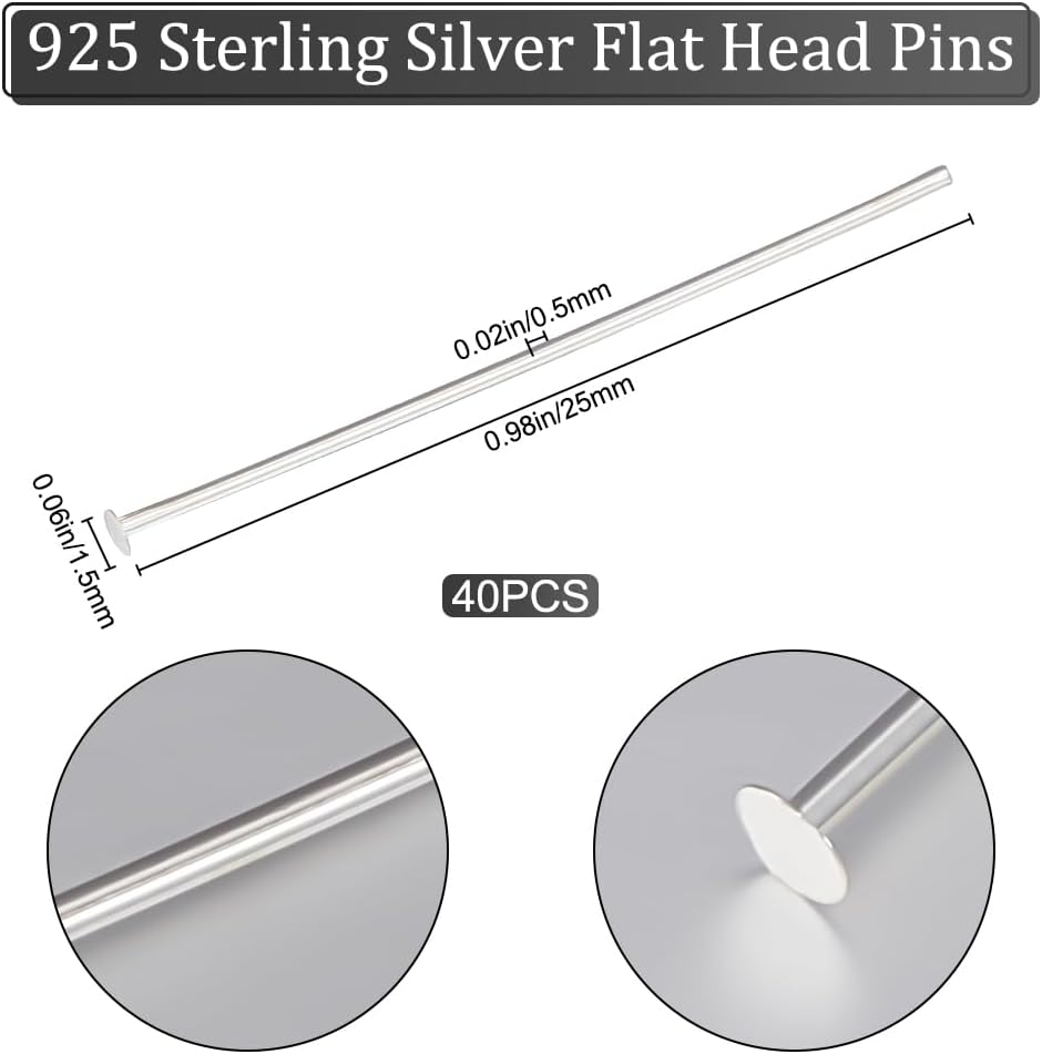 Beebeecraft 1 Box 40Pcs 25mm Head Pins Sterling Silver Flat Eye Quilting Satin Straight Pins for Sewing Dressmaker Jewelry Making DIY Craft Head 1.5mm
