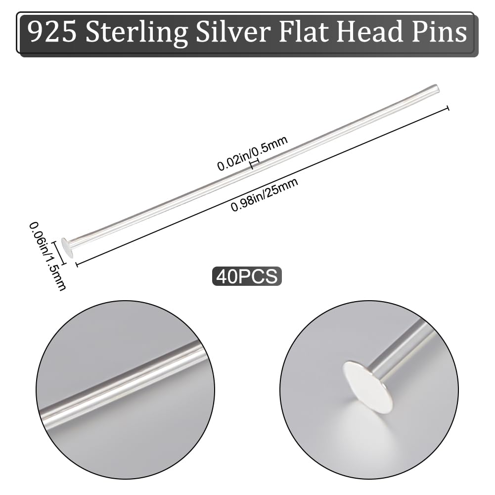 Beebeecraft 1 Box 40Pcs 25mm Head Pins Sterling Silver Flat Eye Quilting Satin Straight Pins for Sewing Dressmaker Jewelry Making DIY Craft Head 1.5mm