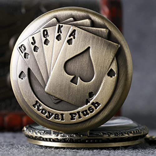 Zakhorloge Retro Brons Metalen Poker Card Patroon Quartz Zakhorloge Analoge Zakhorloges met 30 Cm Ketting Geschenken - Afbeelding 7