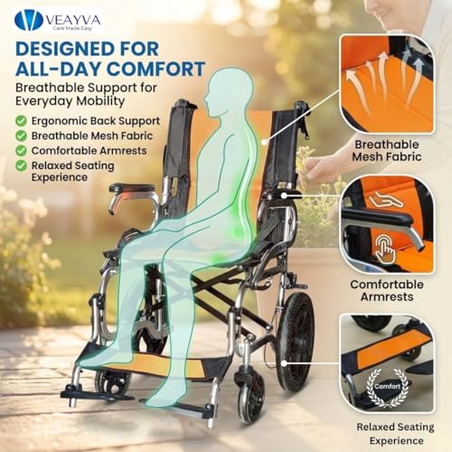 Image of Veayva Portable Ultra-Light Aluminium Wheelchair - Compact Foldable Design, Vibrant Orange Finish, Travel-Friendly Mobility Aid(SUPER LIGHT ALLUMINIUM FRAME)