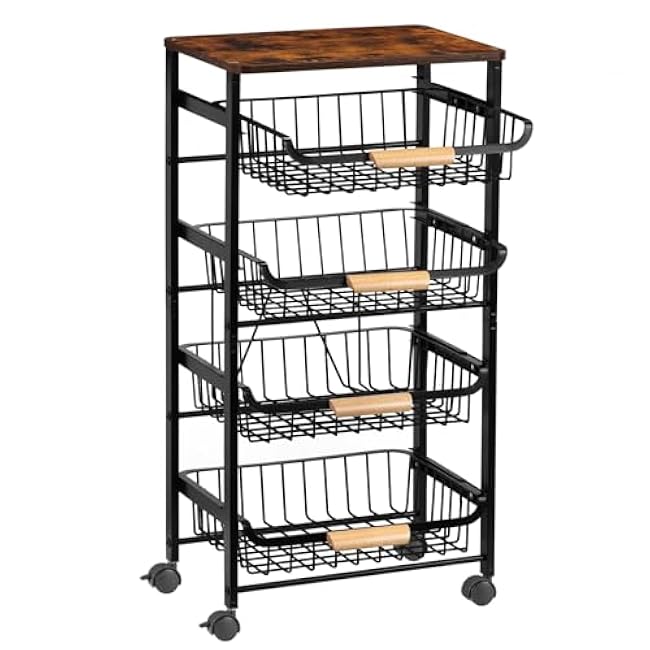 Nandae Kitchen Storage Rolling Cart on Wheels, 5 Tier Metal Rolling Utility Mesh Basket Pantry Cart Rack with Wooden Tabletop for Fruit Vegetable Onion Potato Storage-jE7T3d2Y