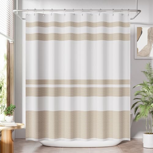 Image of AmazerBath Beige Shower Curtain, 72x72 Washable Cloth Neutral Light Tan Shower Curtain with 12 Hooks, Fabric Khaki and White Striped Set, Farmhouse Bathroom Shower Curtain