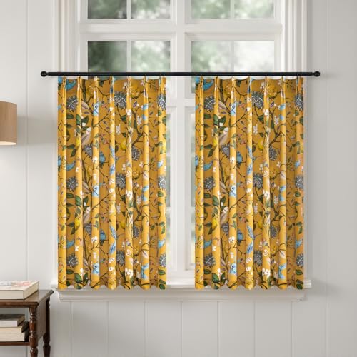Image of Mustard Yellow Kitchen Tier Curtains 36 Inches Long,Botanical Floral Lemon & Hummingbird Pinch Pleated Half Window Drapes Room Darkening for Kitchen RV Cafe Basement Bathroom Dining Room,2 Panels