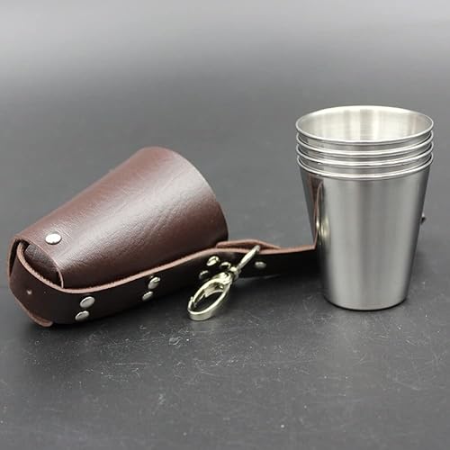 Miniatura 5 de 4 vasos de chupito de acero inoxidable de 2.3 onzas2.4 fl oz con funda de piel sintética y llavero, recipiente para beber, pequeño vaso de viaje