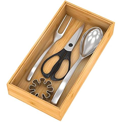 Drawer Organizer Utensil Holder for Kitchen, Small Wood Silverware Storage Organizer, Stackable Box Tray for Cutlery, Flatware, Bathroom Countertop Caddy for Makeup, Jewelry(12"6"2.5") Cover