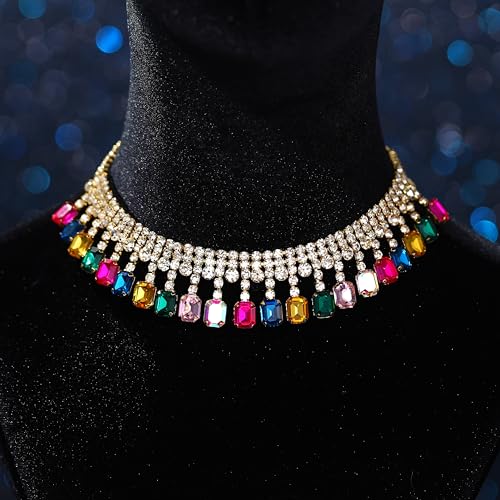 Ushiny Strass Choker Halskette Schmuck Bunte Kristallkette Multicolor Rave Hals Zubehör für Frauen