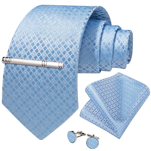 Image of DiBanGu Mens Silk Plaid Tie and Pocket Square Set | Elegant Silk Formal Tie Set, Woven Check Necktie and Cufflinks Tie Clip Set, Perfect for Wedding Party, Comes in Gift Box