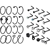 Chinco 32 Pieces C-Shaped Nose Ring L-Shaped Hoop Tragus Nose Studs Bone Curved Hoop Tragus Cartilage Hoop Piercing (C Shape, L Shape, Black)