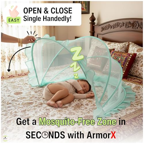 Image of ArmorX Baby Mosquito Net for Bed, Cot, Crib | Minty Green | Newborn - 24 Months | Foldable, Washable & Breathable Insect Mesh with Easy to Carry Travel Bag | Chemical-Free Protection for Toddlers