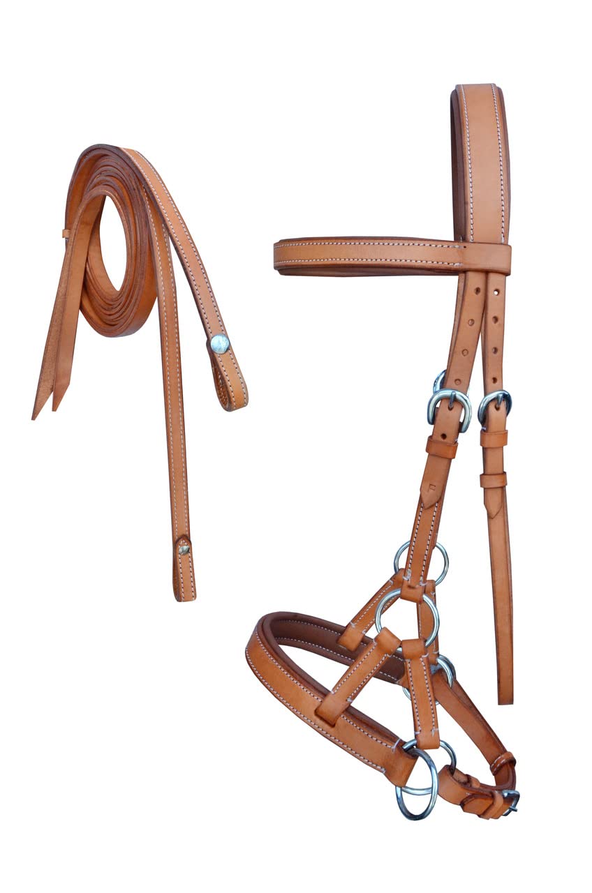 CHALLENGER Horse Western Cob Leather Tan Padded Bitless Sidepull Bridle Reins 7709TN-C
