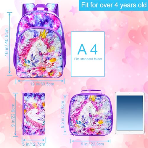 Image of CCJPX 3PCS Girls Backpack, 16 inch Kids Unicorn Sequin Bookbag and Lunch Box for Kindergarten Elementary