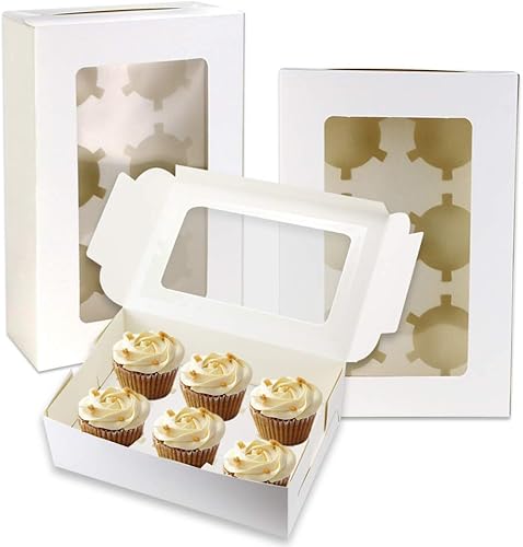 Miniatura 4 de Pralb Paquete de 20 cajas blancas para cupcakes con insertos, 6 soportes, cajas blancas estándar de panadería con ventana de PVC, recipientes para