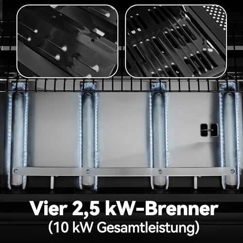Royal Gourmet 4-Brenner Gasgrill 10 kW Grillwagen mit klappbaren Seitenablagen, Ablagekorb, Outdoor Gasgrill für Balkon, Terrasse, Garten und Camping