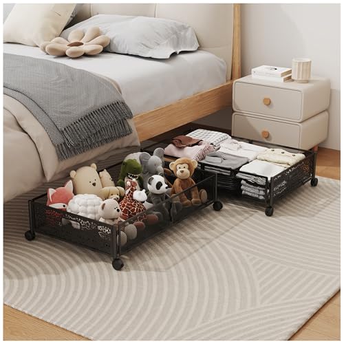 Under Bed Storage with Wheels, Foldable Pattern Carved Metal Under The Bed Storage, Tool-Free Assembly Under The bed Storage Bins, 60L Underbed Storage for Bedroom Clothes Shoes Toys-2 Pack