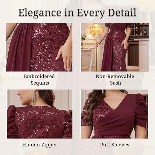 Image of Elegant Women's Formal Dress Wedding Guest Puff Sleeve Mermaid Ball Gowns Court Train Plus Size Sequin Long Dresses