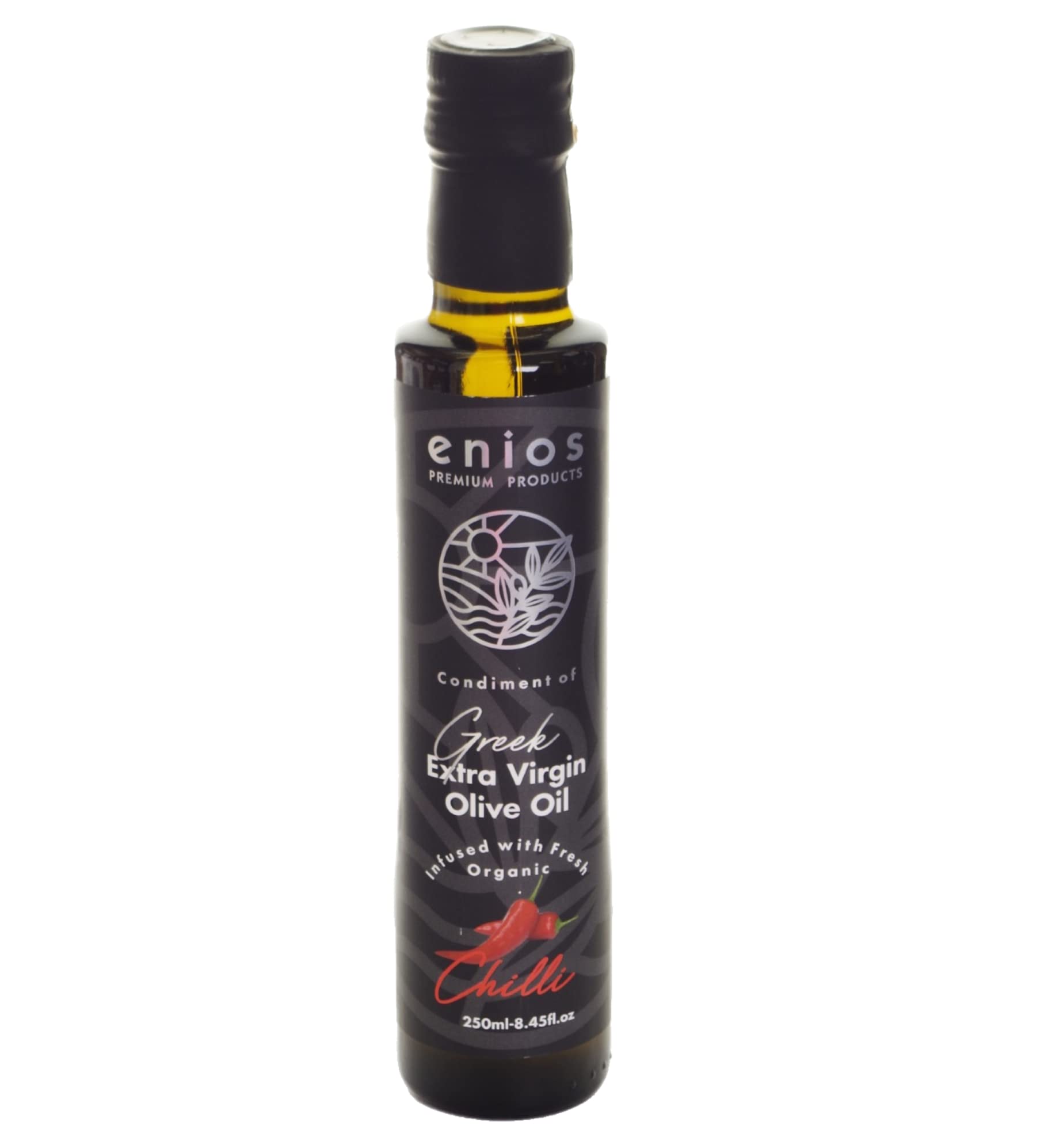 Enios Chilli Infused Greek Extra Virgin Olive Oil 250ml. 100% Natural. No flavourings. No preservatives. No essential oils. No chemicals. No floating 'bits'. Absolutely nothing artificial!