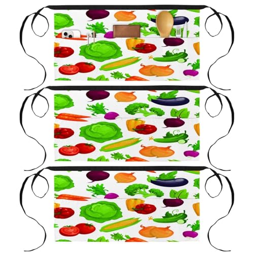 Lot de 3 tabliers courts de chef avec 3 poches à motif légumes frais