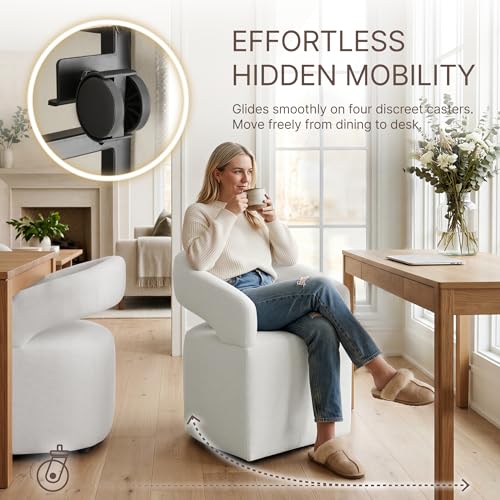 Image of KISLOT Upholstered Dining Chairs Set of 4, Modern Arm Kitchen & Dining Room Chairs with Hidden Casters, Linen Fabric Padded Rolling Chairs, Sturdy Wood Frame, 300 lbs Capacity, Light Linen