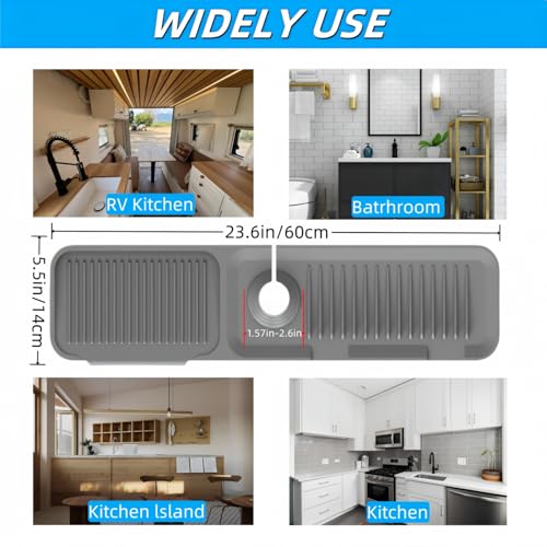 24 Inch Faucet Mat for Kitchen Sink Splash Guard Behind Faucet, 5° Slope Silicone Draining Mat,Sink Protectors for Kitchen Sink, Longer Silicone Faucet Guard, Kitchen Sink Faucet Mat, Grey