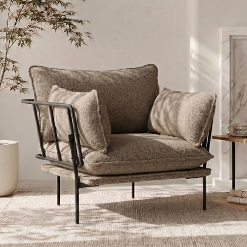YEEFY Bouclé Loungesessel mit Metallbeinen – gepolsterter Akzentstuhl als Lesesessel, Wohnzimmerstuhl, Schlafzimmerstuhl & Balkonstuhl, moderner Polstersessel für Entspannung (Braun, 1 Stück)